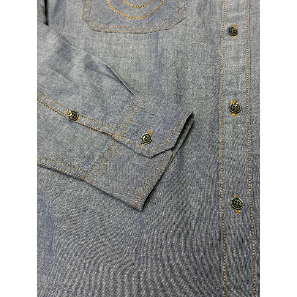 True‎ Religion Mens XL Blue Chambray Button Down Shirt Horseshoe Stitching Long